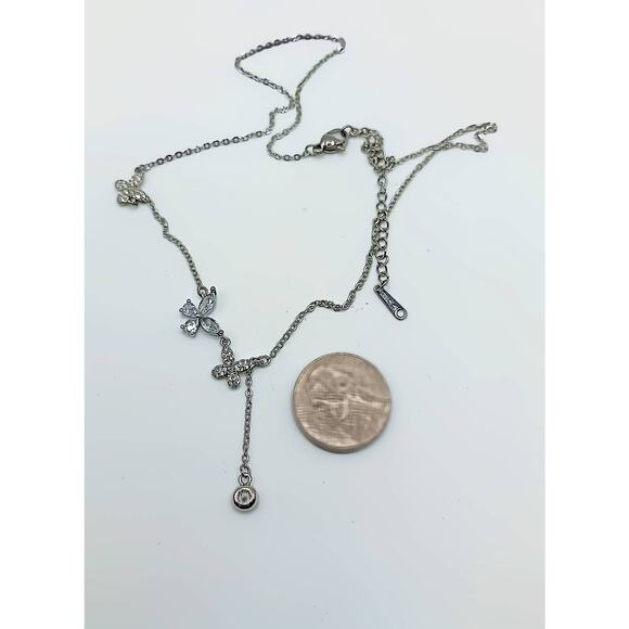 Stainless Steel Butterfly Necklace with CZ Stones, 16+2 Inch Adjustable - Picture 2 of 3